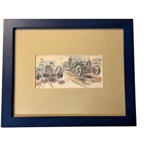 3 Framed Prewar Auto Racing Mag Prints in the style of Peter Helck Bently Alfa